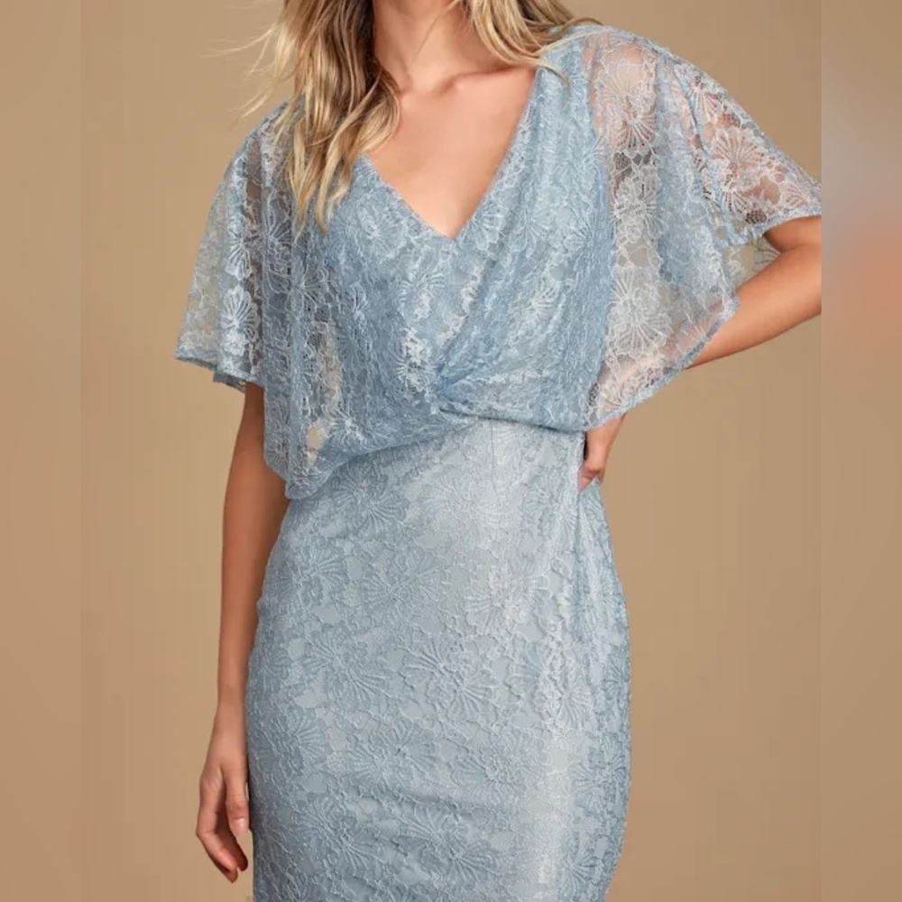 Lulus Bliss Delight Light Blue Lace Flutter Sleeve Maxi Dress, Size XS - Picture 4 of 14